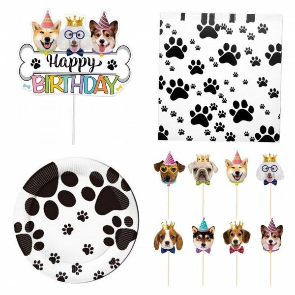 47-delige set Happy Birthday dogs met taart en cupcake prikkers, servetten en bordjes