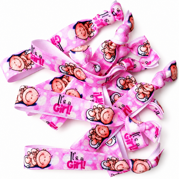 10 elastische gender reveal armbanden/haarelastieken It's a Girl Happy