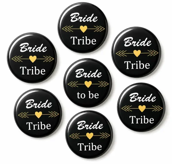 Vrijgezellenfeest button set Bride to Be en Bride Tribe zwart 7-delig