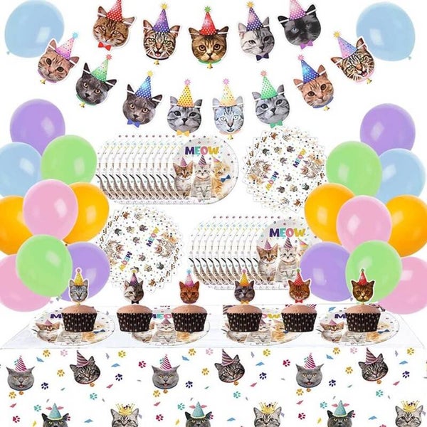 50-delige set Happy Cats met slinger, ballonnen, bordjes, cupcake prikkers en tafelkleed