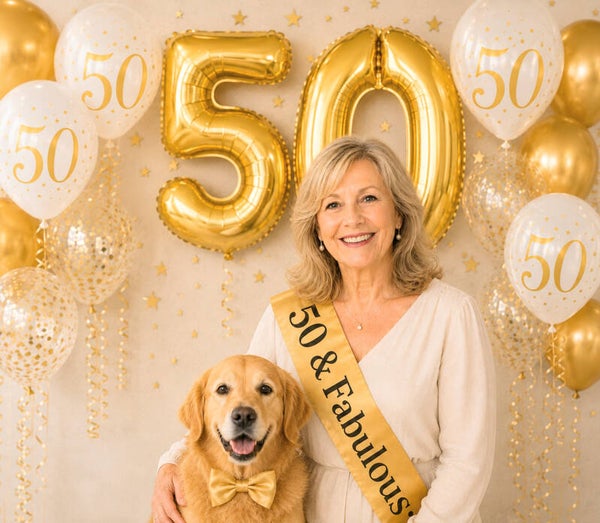 50 & Fabulous set vrouw met sjerp, ballonnen en eventueel een dasstrik
