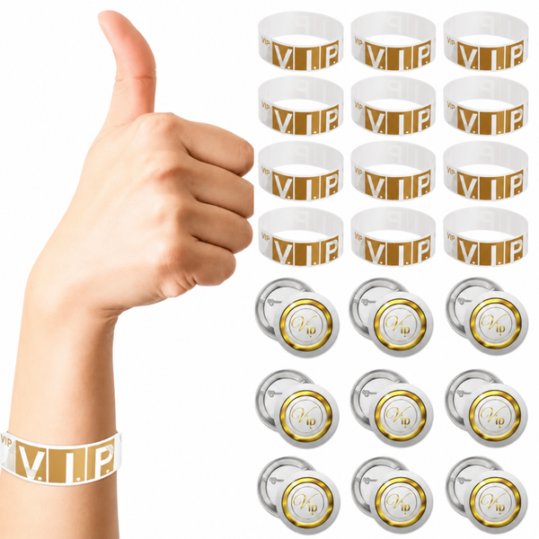 VIP set wit met goud 24-delig met 12 armbandjes en 12 buttons
