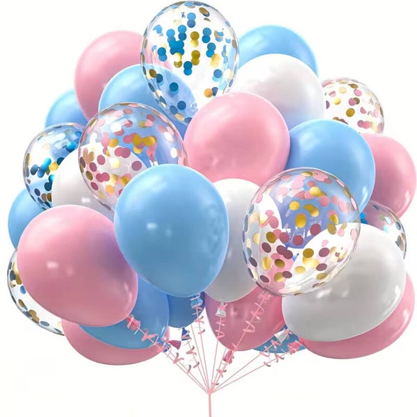 20-delige ballonnen set roze, blauw, wit en doorzichtig met roze en blauw