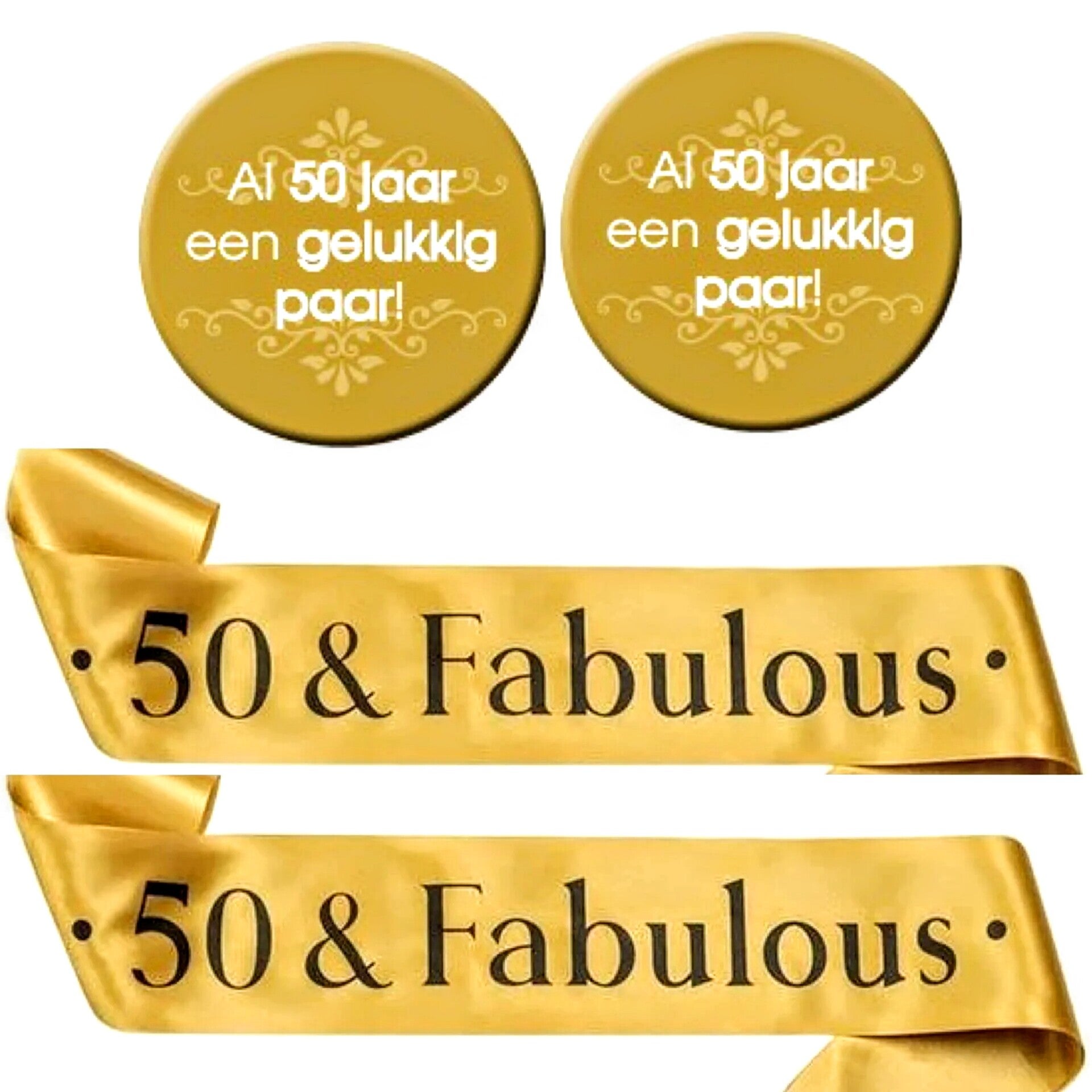 50 & Fabulous set met 2 gouden sjerpen en 2 buttons Al 50 jaar een gelukkig paar