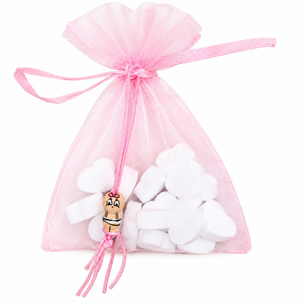 Organza zakje roze met gelukspoppetje en 15 hartvormige mini pepermuntjes