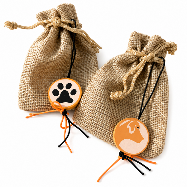 Jute zakje met vulling en een houten gelukspoppetje Hond