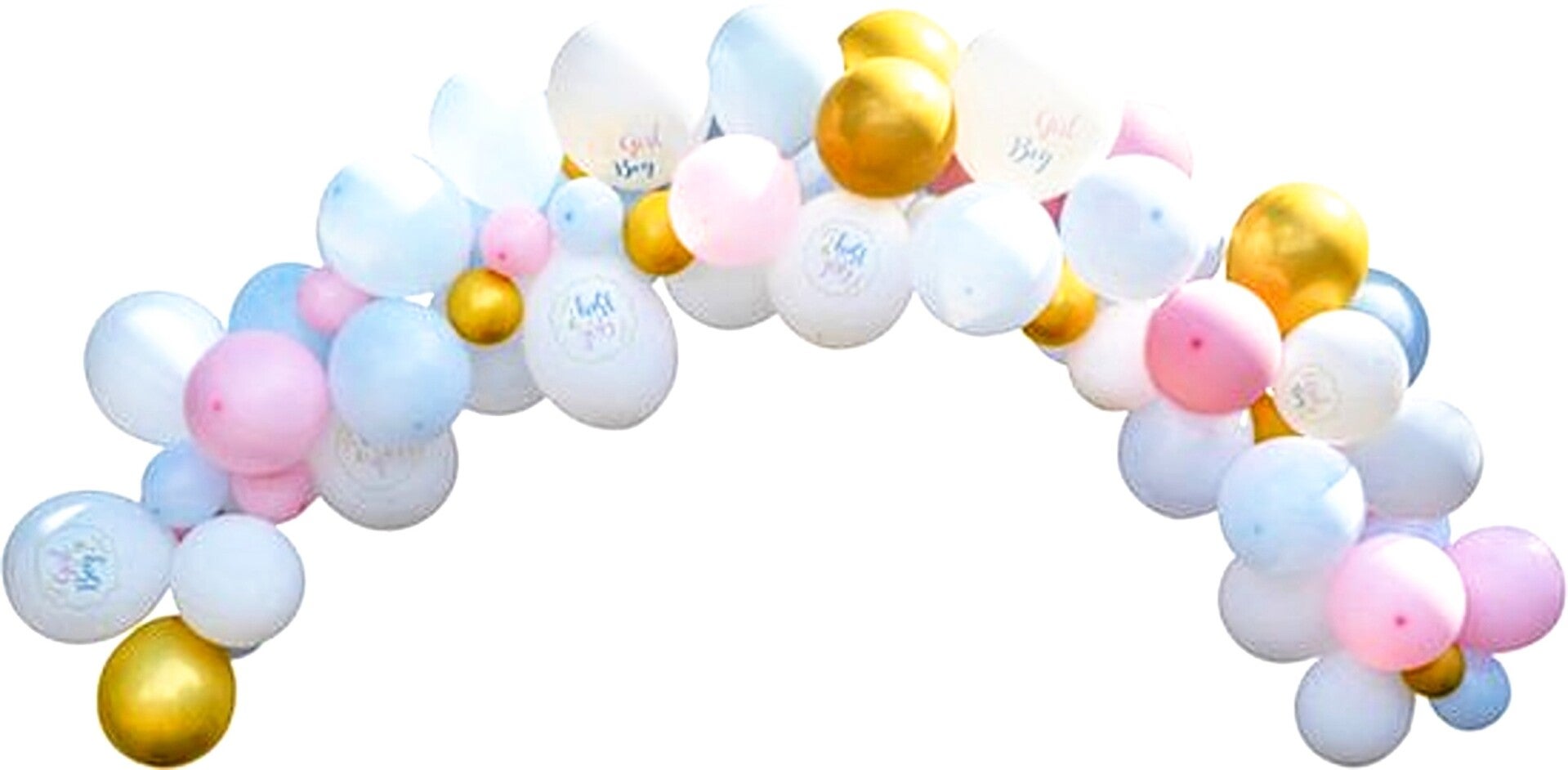 Genderreveal ballonboog set deLuxe roze, blauw, wit en goud 51-delig