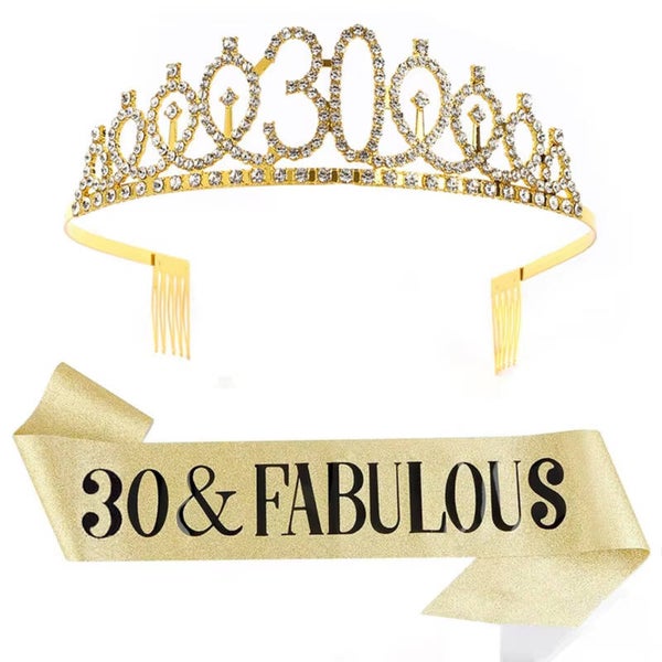 30 & Fabulous set met diadeem en sjerp deLuxe goud glitter
