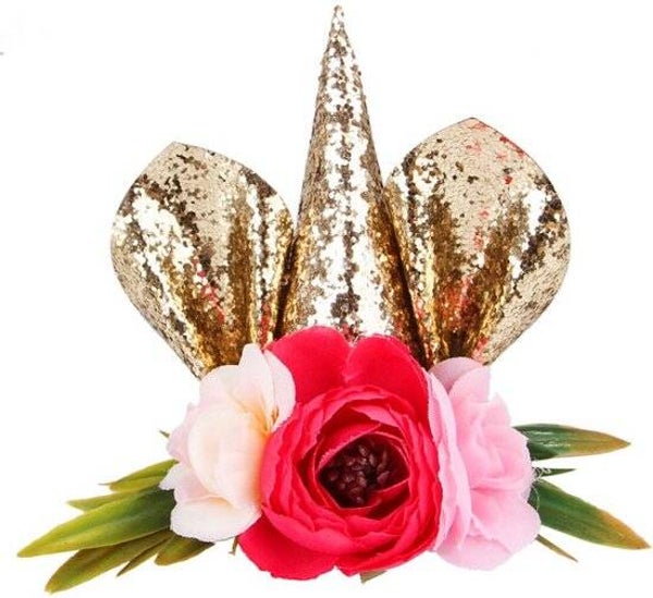 Unicorn hoofdtooi voor de hond goud met rood en roze