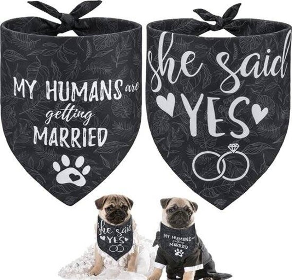 Honden bandana set My Humans are getting Married en She Said Yes zwart grjs wit