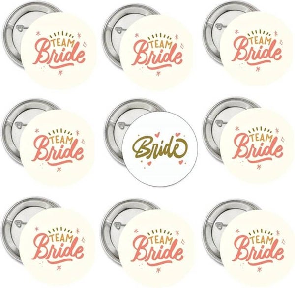 9 vrijgezellenfeest buttons Bride en Team Bride retro