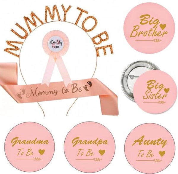 Babyshower set met sjerp, diadeem, rozet en buttons rosé goud 8-delig