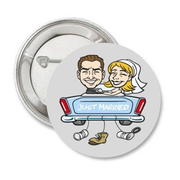Button of (kleding)magneet Just Married Weddingcar met of zonder eigen tekst