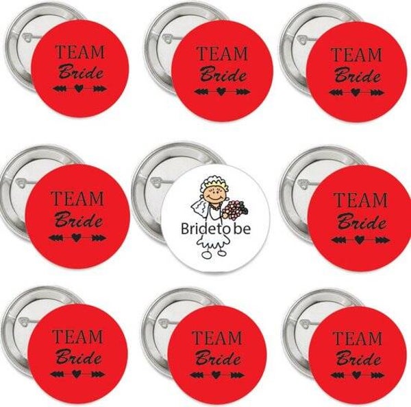 9 Buttons Bride to Be en Team Bride rood