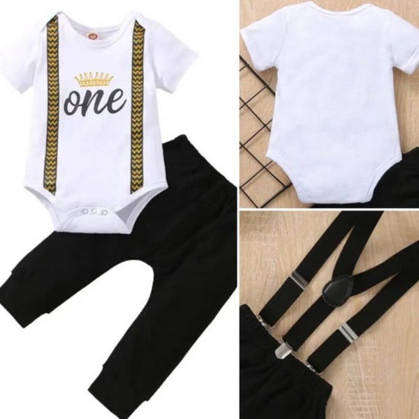 3-delige cakesmash verjaardag kleding set met romper, lange zwarte broek en zwarte bretels