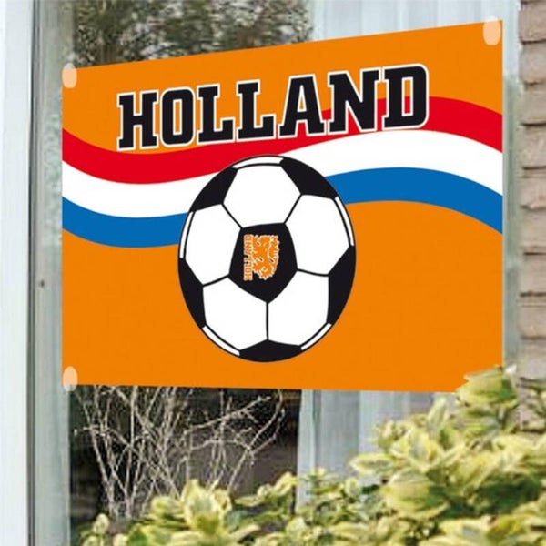 Oranje raamvlag met voetbal print en de tekst Holland