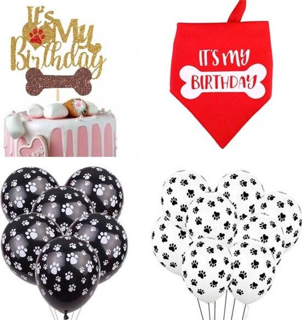 16-delige honden verjaardag set It's My Birthday rood met taarttopper, ballonnen en bandana