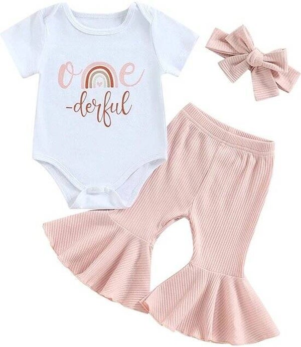 Cakesmash outfit Miss Onederful Rainbow met romper, flared pants en hoofdband met strik van dezelfde stof als de broek