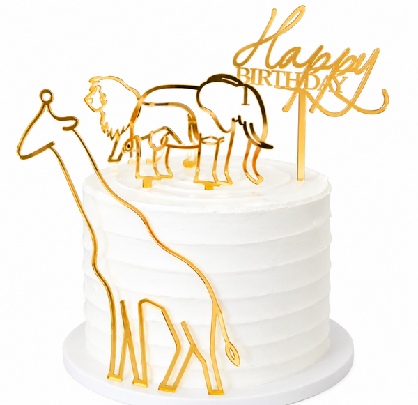 Taart topper set Happy Birthday met giraf, olifant en leeuw 4-delig