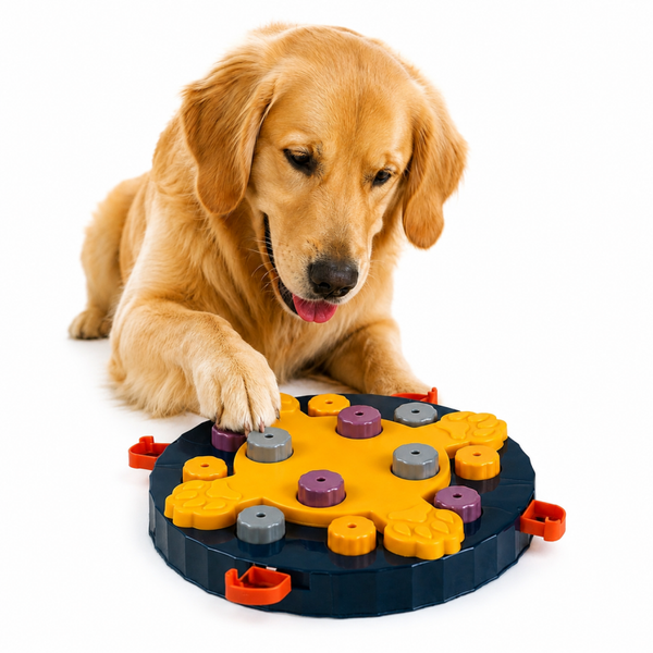 Hondenpuzzel donker grijs blauw met geel, paars en licht grijs