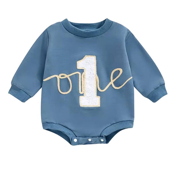Eerste verjaardag cakesmash sweater/romper One blauw