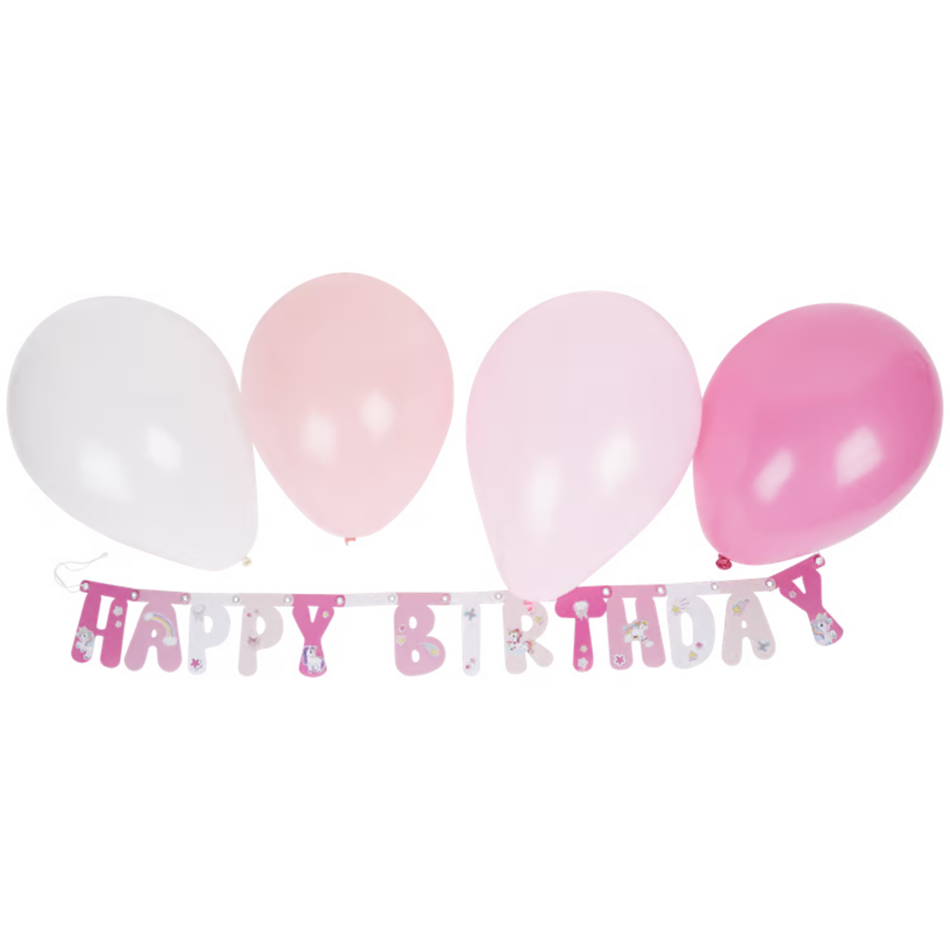 Happy Birthday slinger met ballonnen set Unicorn roze met wit