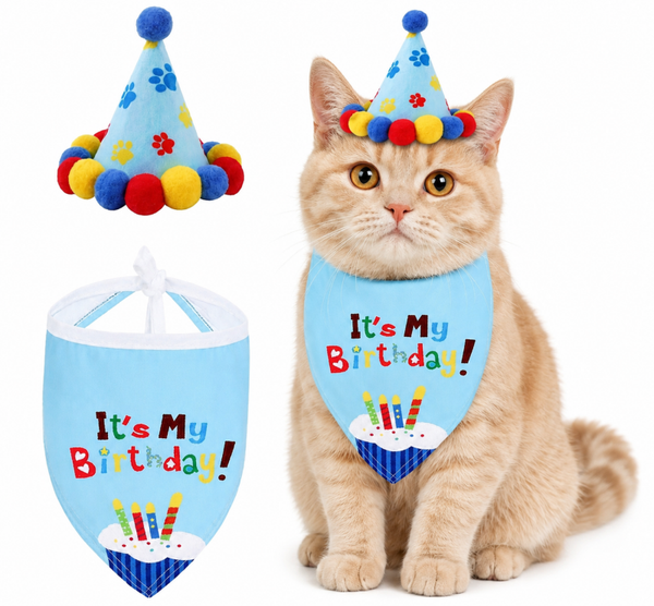 Poezen verjaardagset 2-delig It's my Birthday blauw met feestmuts en bandana