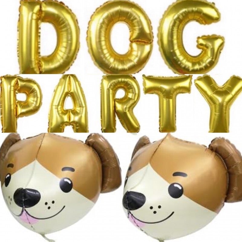 Folie ballon letter set Dog Party goud en 2 Cute Animal Face folie ballonnen