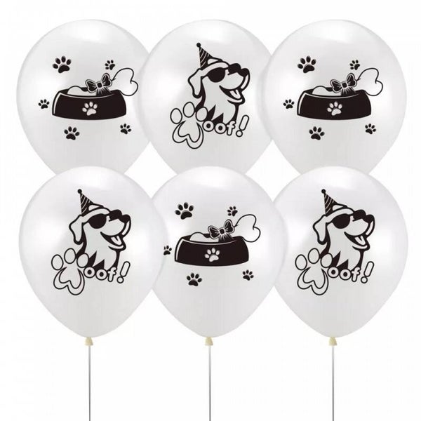 6 witte ballonnen met zwarte honden prints