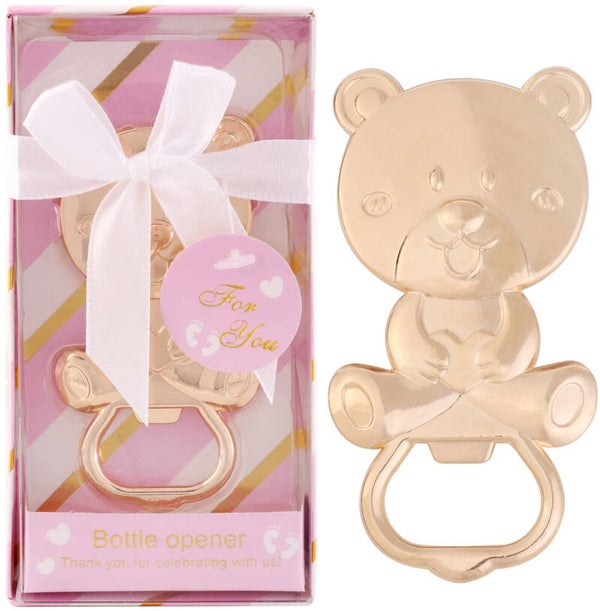 Kraamcadeautje/babyshower bedankje sleutelhanger/flesopener Beer roze