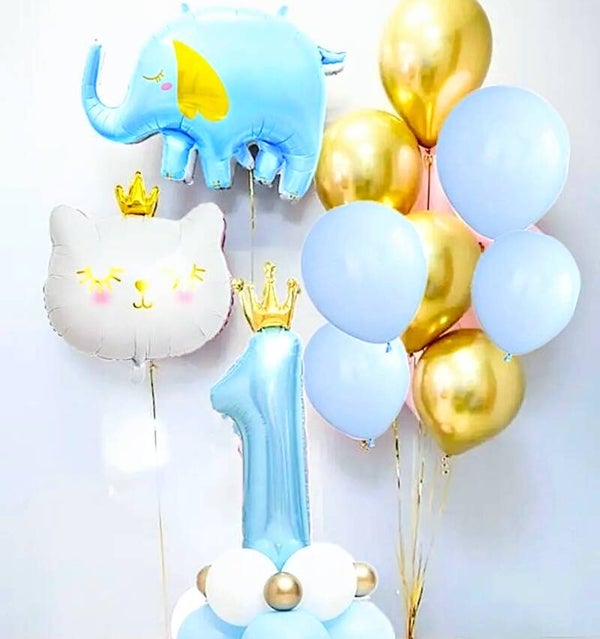 Eerste verjaardag ballonnen cakesmash set goud blauw met dieren en andere ballonnen