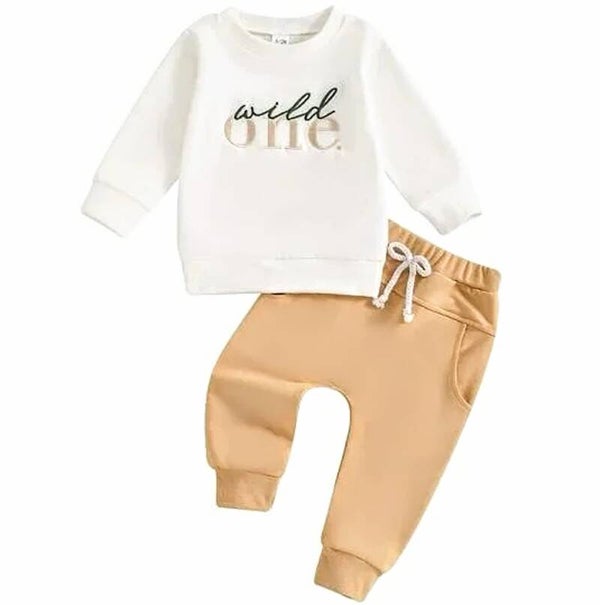 Eerste verjaardag outfit met sweater en zachte broek Wild One beige, wit en zwart