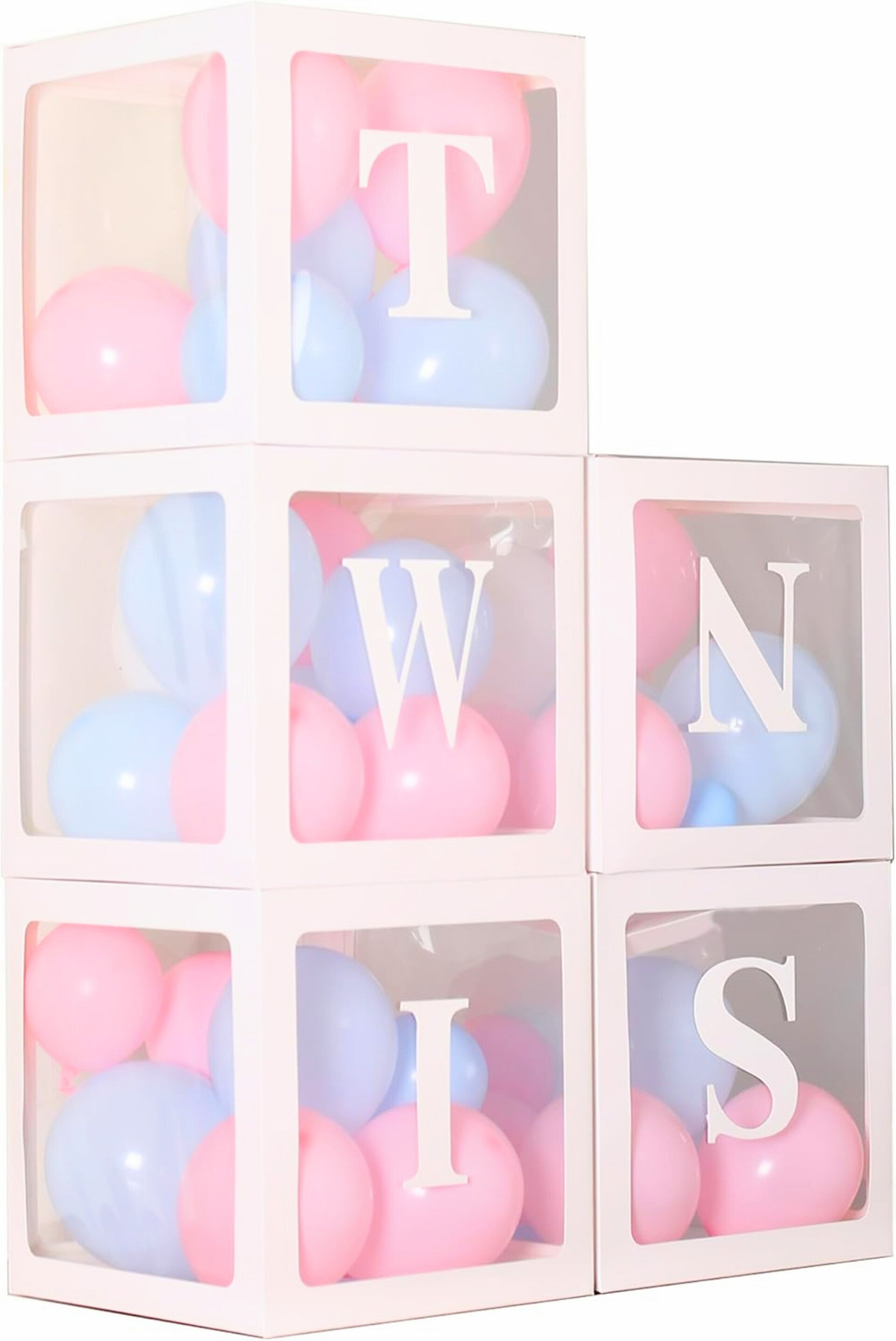 Vijf doorzichtig letter ballon blokken Twins wit met 30 blauwe, roze en witte ballonnen