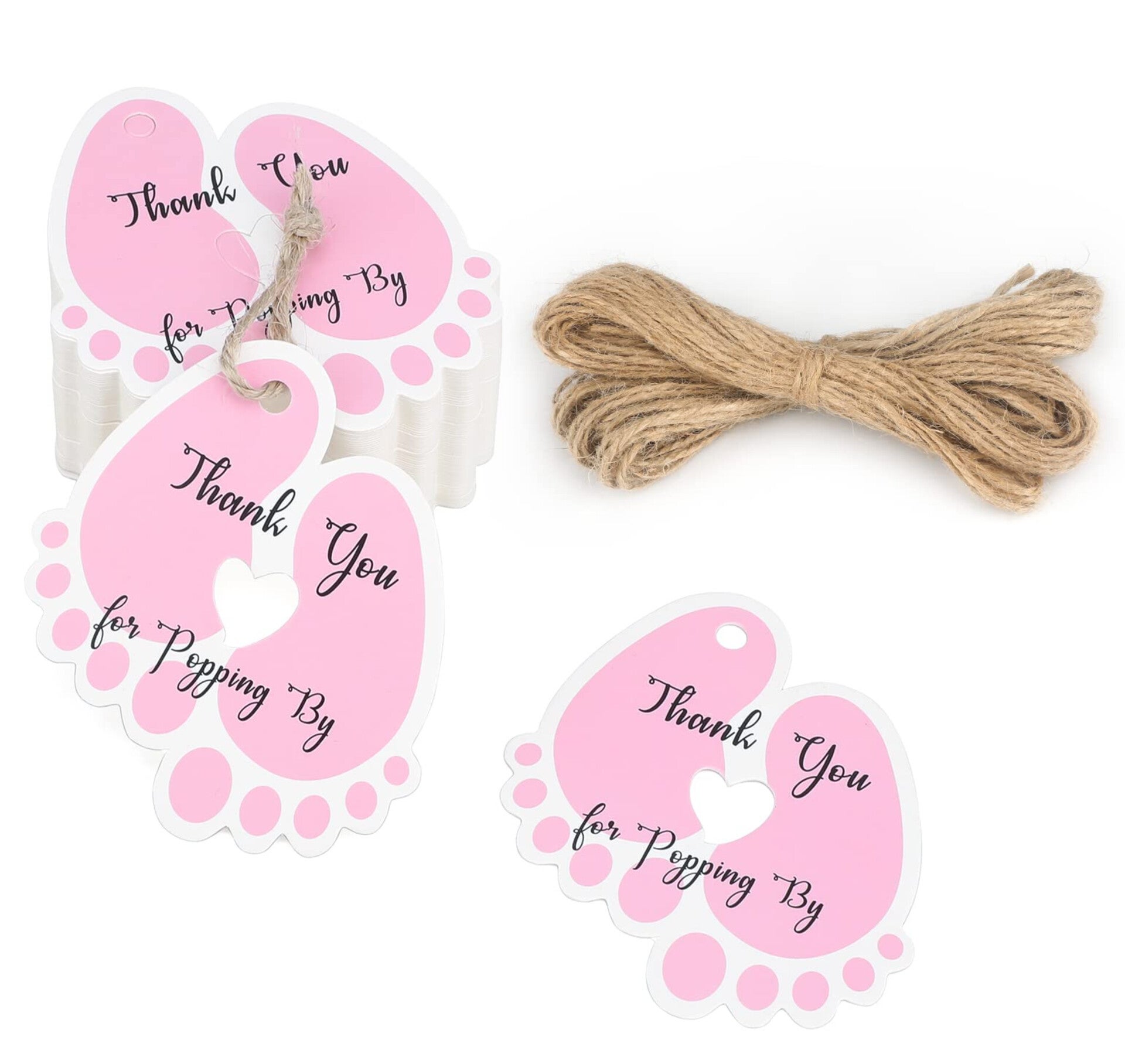 25 Bedankkaartje Baby Voetjes wit met roze inclusief touw
