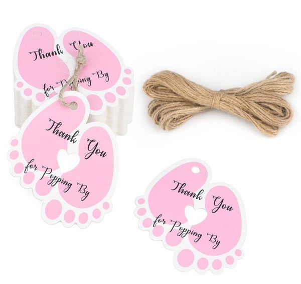 25 Bedankkaartje Baby Voetjes wit met roze inclusief touw