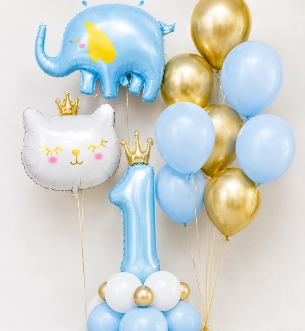 Eerste verjaardag ballonnen cakesmash set goud blauw met dieren en andere ballonnen