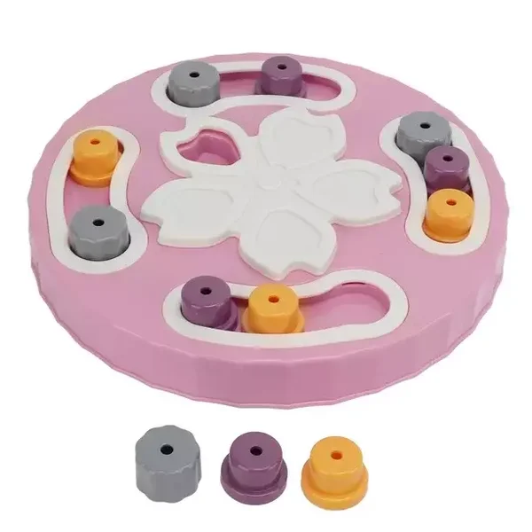 Hondenpuzzel oud roze met wit en geel, grijze en pruimkleurige puzzelstukjes