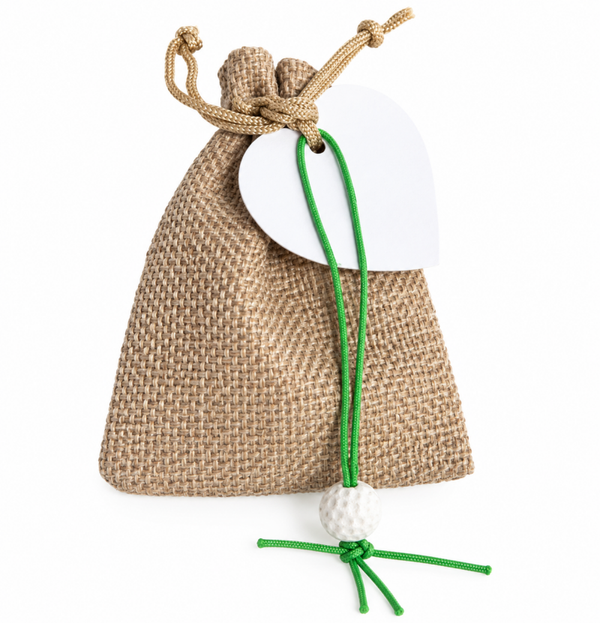 Jute giftbag met gelukspoppetje Golfbal, 10 mini hart pepermuntjes en hartvormig wit kaartje
