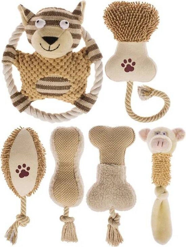 6 Dierenspeeltjes Happy Dog van katoen met flostouw