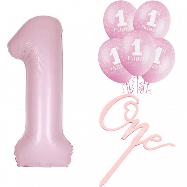 7-delige eerste verjaardag set met roze ballonnen en taart topper One