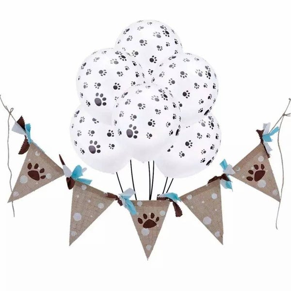 7-delige honden decoratie set met jute slinger blauw en 7 ballonnen