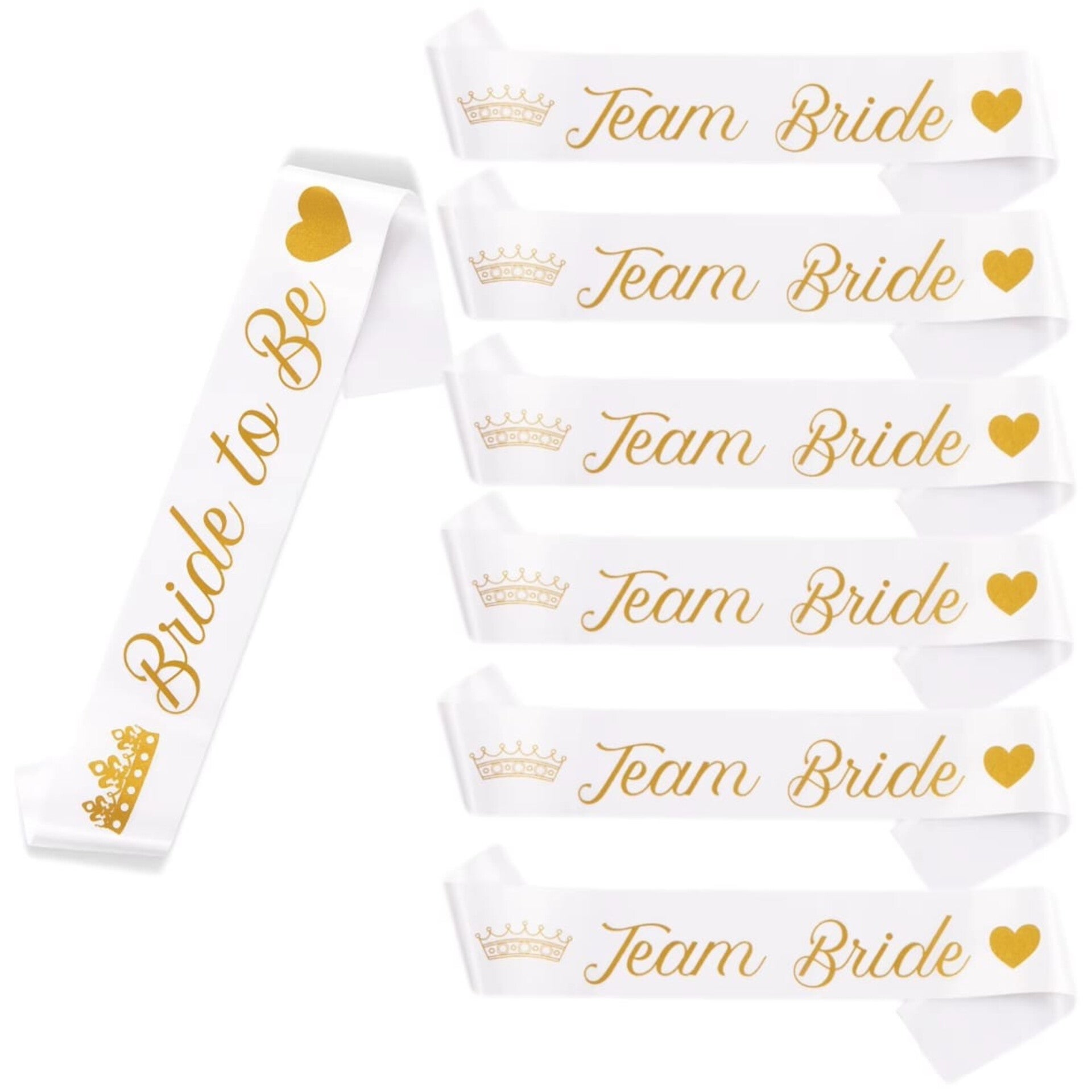 7-delige sjerpen wit met goud set Bride to Be en Team Bride Hearts