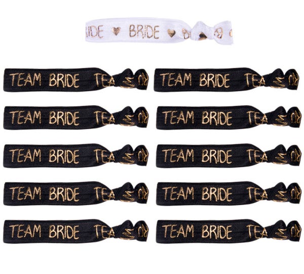 11-delige elastische armbanden set Bride wit met goudkleurige letters en Team Bride zwart met goudkleurige letters