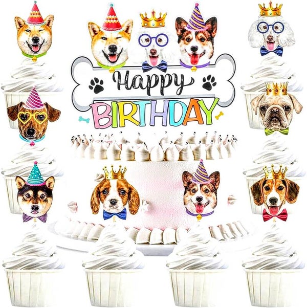 9-delige Taart- en cupcake topper set Happy Birthday Dogs