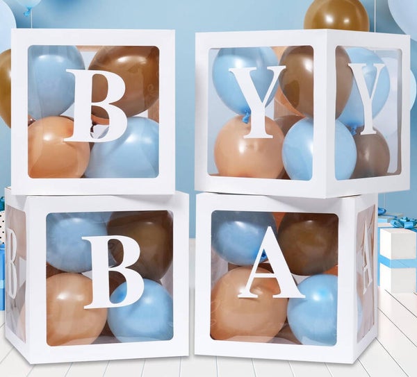 Vier doorzichtig letter ballon blokken Baby wit met 24 blauwe, bruine en beige nude ballonnen