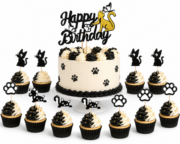 Poezen taart en cupcaketopper set Happy Birthday 13-delig