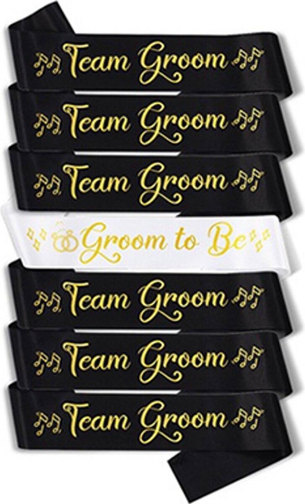 7-delige Sjerpen set Groom to Be en Team Groom zwart en wit met goud opdruk