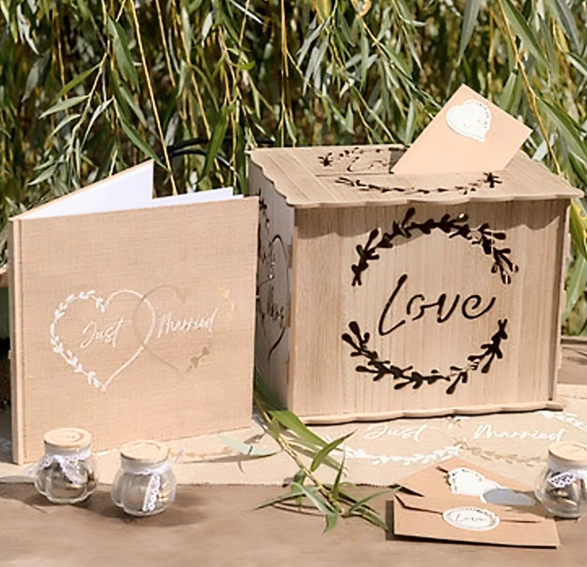 2-delige set met moneybox en gastenboek Natural hout en jute