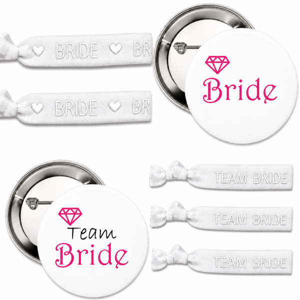 20-delige Set met 10 buttons en 10 armbanden Bride to Be en Team Bride Diamond wit met zilver
