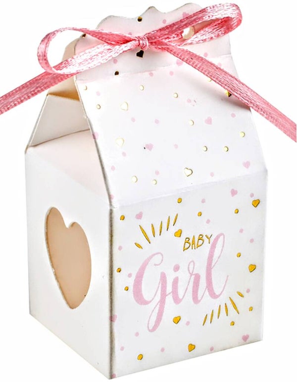 6 Babyshower cadeaus doosje Girl wit met roze en goud met roze lintje